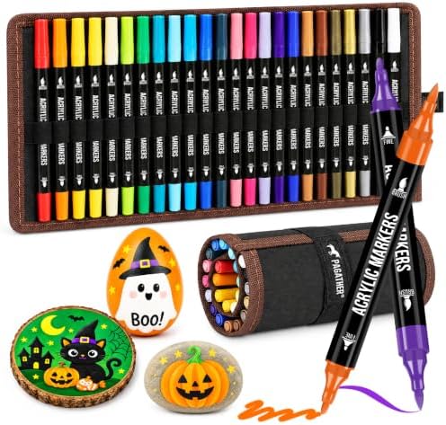 Acrylic Paint Markers, 24 Colors Dual Tip Fine & Brush Pens Set