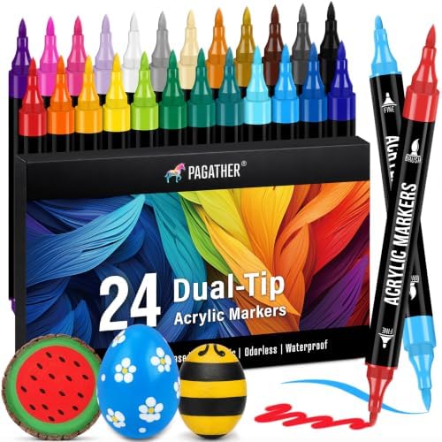 Acrylic Paint Markers, 24 Colors Dual Tip Fine & Brush Pens Set