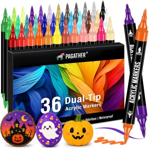 Acrylic Paint Markers, 36 Colors Dual Tip Fine & Brush Pens Set