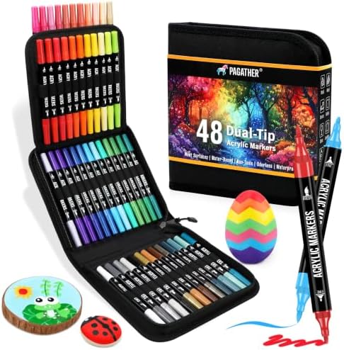 Acrylic Paint Markers, 48 Colors Dual Tip Fine & Brush Pens Set