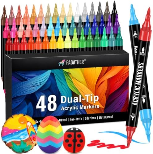 Acrylic Paint Markers, 48 Colors Dual Tip Fine & Brush Pens Set