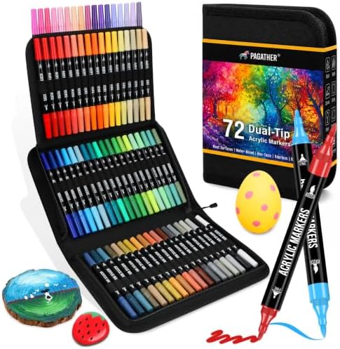 Acrylic Paint Markers, 72 Colors Dual Tip Fine & Brush Pens Set