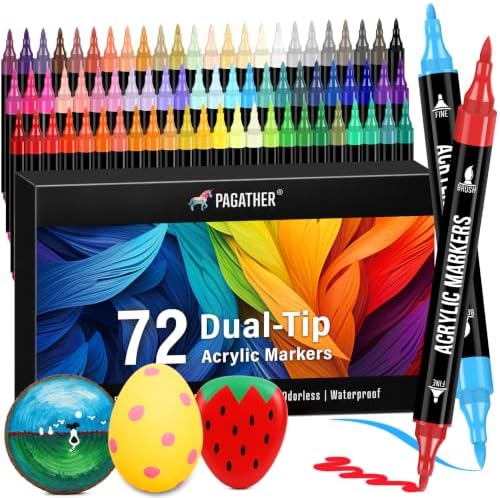Acrylic Paint Markers, 72 Colors Dual Tip Fine & Brush Pens Set