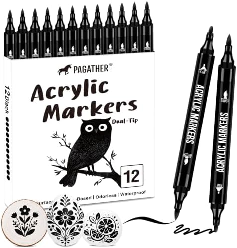 Black Acrylic Paint Markers, 12 Dual Tip Fine Brush Pens