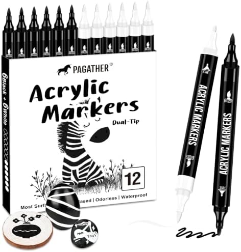 Black White Acrylic Paint Markers, 12 Dual Tip Fine Brush Pens