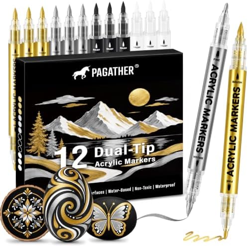 Acrylic Paint Markers, 12 Pack Black White Gold Silver Dual Tip