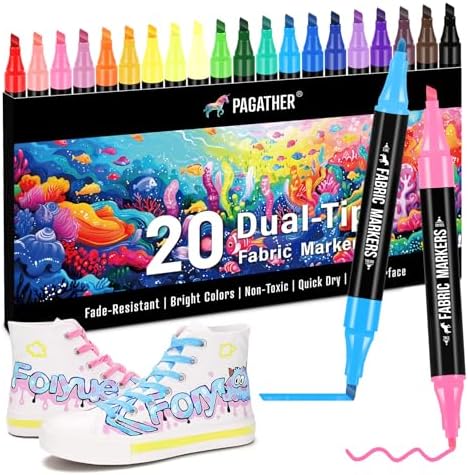 Fabric Markers, 20 Colors Dual Tip Pens for Clothes