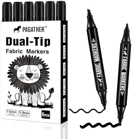 Fabric Markers, 6 Pack Black Dual Tip Pens for Clothes