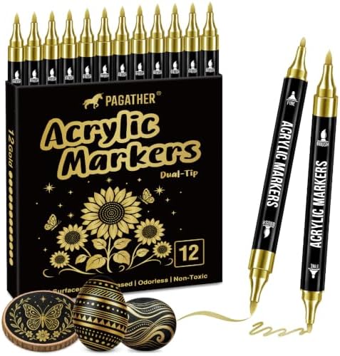 Gold Acrylic Paint Markers, 12 Dual Tip Fine Brush Pens