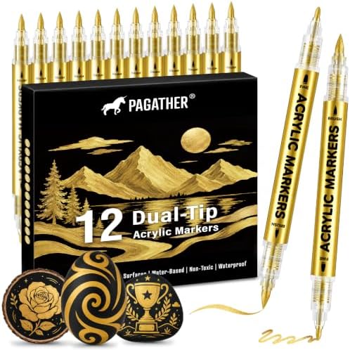 Acrylic Paint Markers, 12 Pack Gold Dual Tip Pens
