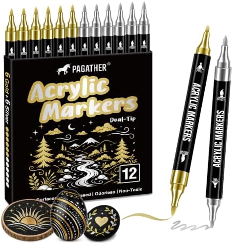 Gold Silver Acrylic Paint Markers, 12 Dual Tip Fine Brush Pens