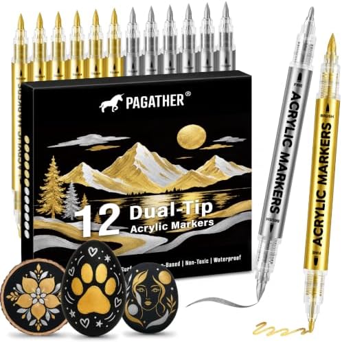 Acrylic Paint Markers, 12 Pack Gold Silver Dual Tip Pens