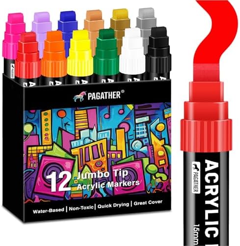 Jumbo Acrylic Markers, 12 Colors 15mm Felt Tip
