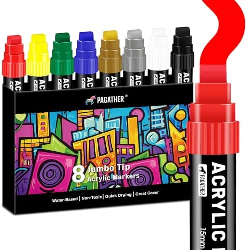 Jumbo Acrylic Markers, 8 Colors 15mm Large Tip Paint Pens