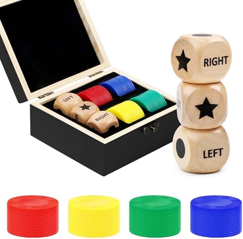 Left Right Roll Dice Game Set, Black Box with 3 Dice & 48 Chips