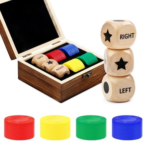 Left Right Roll Dice Game Set, Wooden Box with 3 Dice & 48 Chips