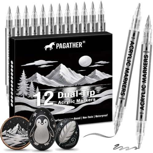 Acrylic Paint Markers, 12 Pack Silver Dual Tip Pens