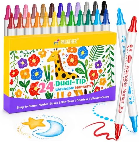 Washable Markers, 24 Colors Dual Tip Dot & Conical Pens for Kids
