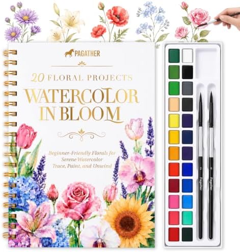 Watercolor Workbook for Adults, 20 Floral Designs with 24 Color Paint Set