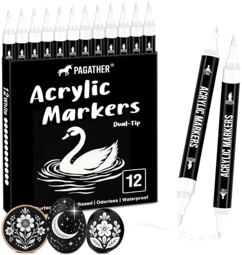 White Acrylic Paint Markers, 12 Dual Tip Fine Brush Pens